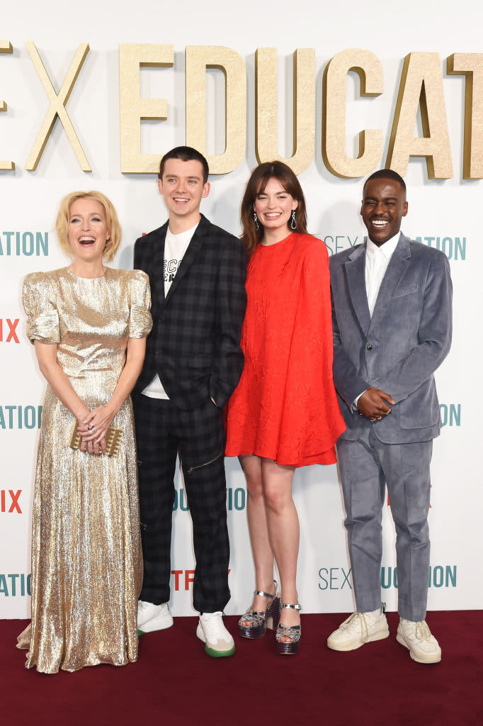 LONDON, ENGLAND - JANUARY 08: (L to R)  Gillian Anderson, Asa Butterfield, Emma Mackey and Ncuti Gatwa attend the World Premiere of Netflix's "Sex Education" Season 2 at The Genesis Cinema on January 8, 2020 in London, England.  (Photo by David M. Benett/Dave Benett/WireImage)