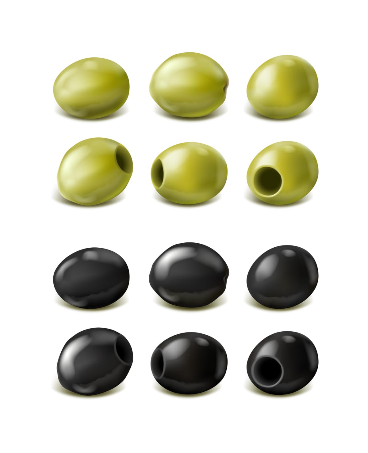 Green and black olives against a white background
