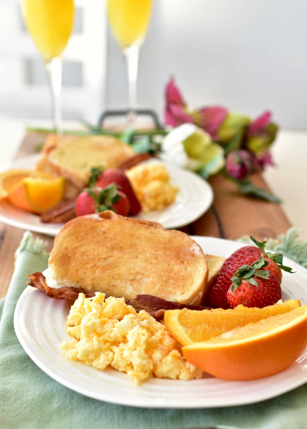Fancy weekend breakfast for spring celebration, mother's day, birthday, breakfast in bed, new year's day. Photo concept, top view, copy space, food background