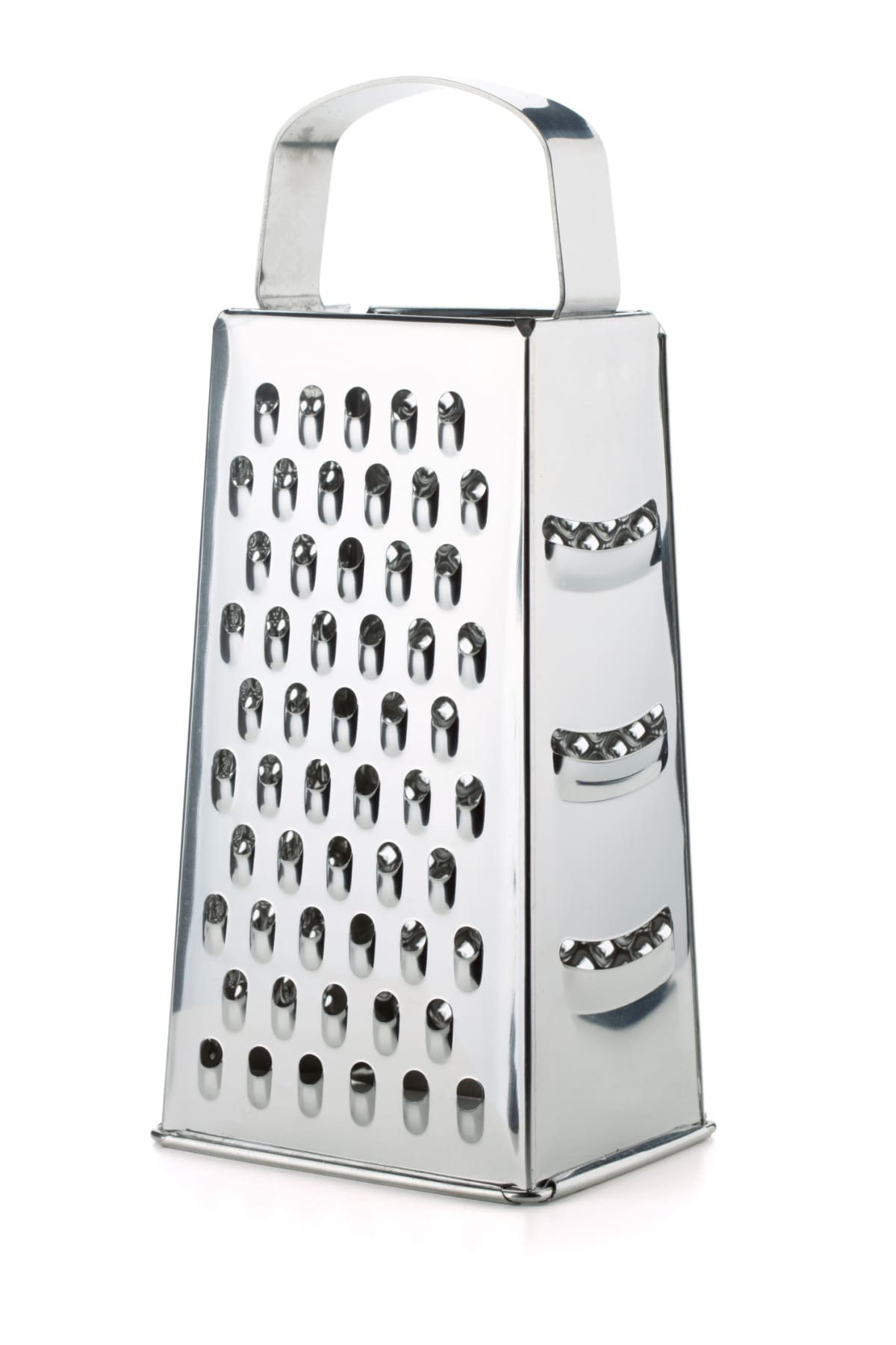 A metal box grater on a white background