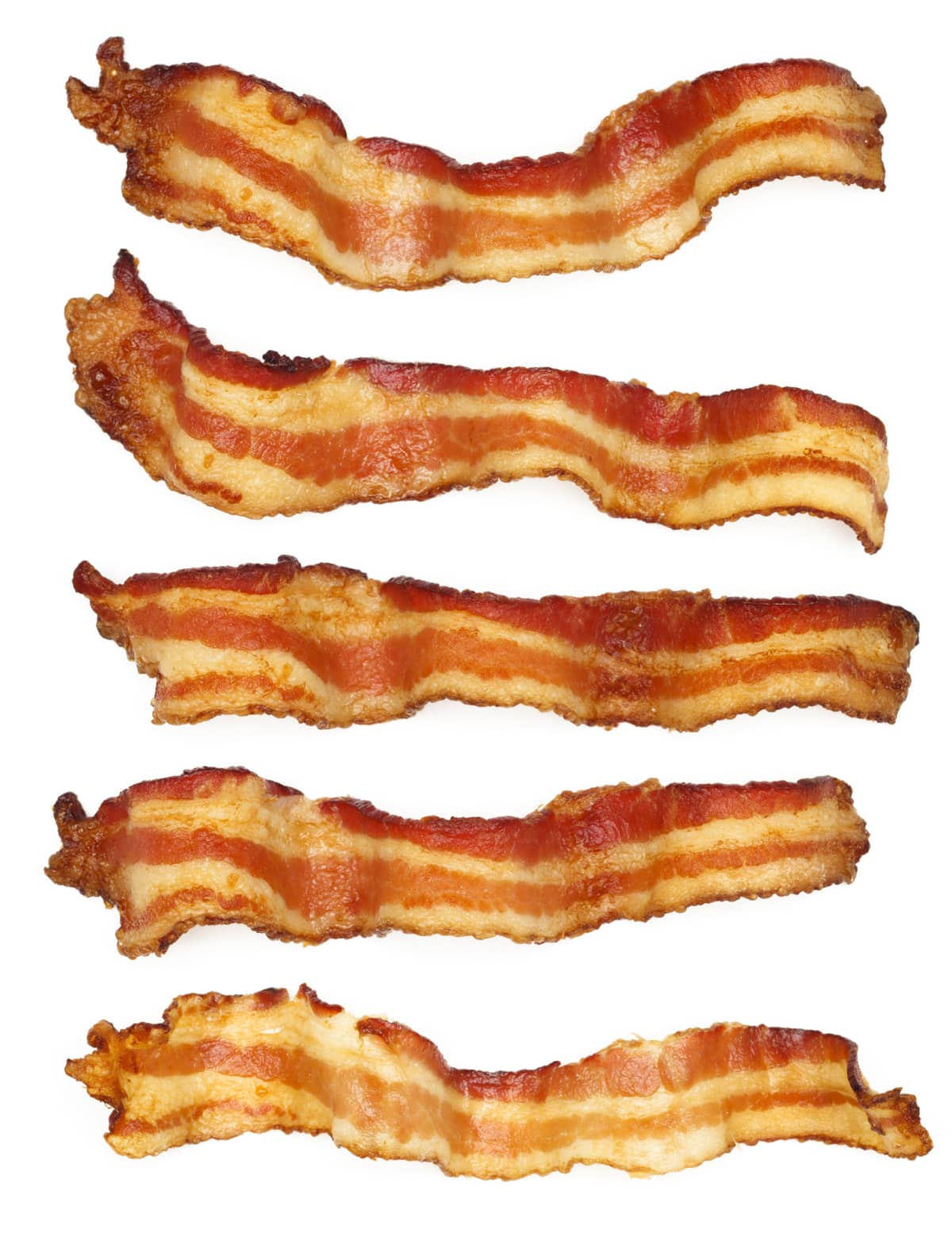Distinct slices of freshly cooked bacon