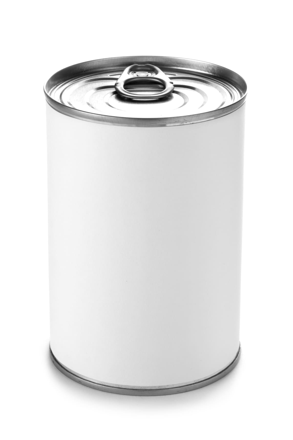 Tin can with a blank label isolated on a white background. Ideal for positioning your own artwork onto.