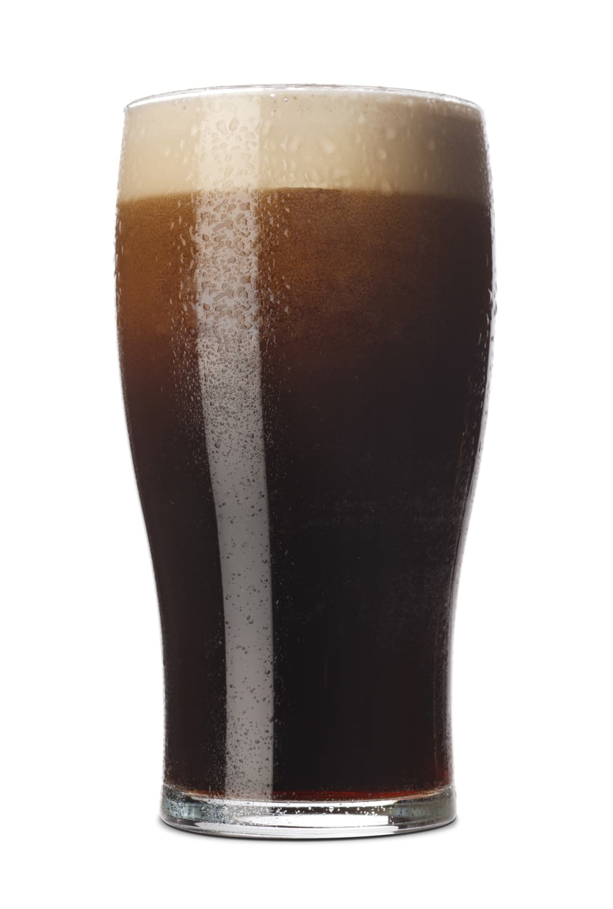 Freshly pulled pint of Stout with its frothy head in a traditional pint glass. Isolated on white with a small shadow