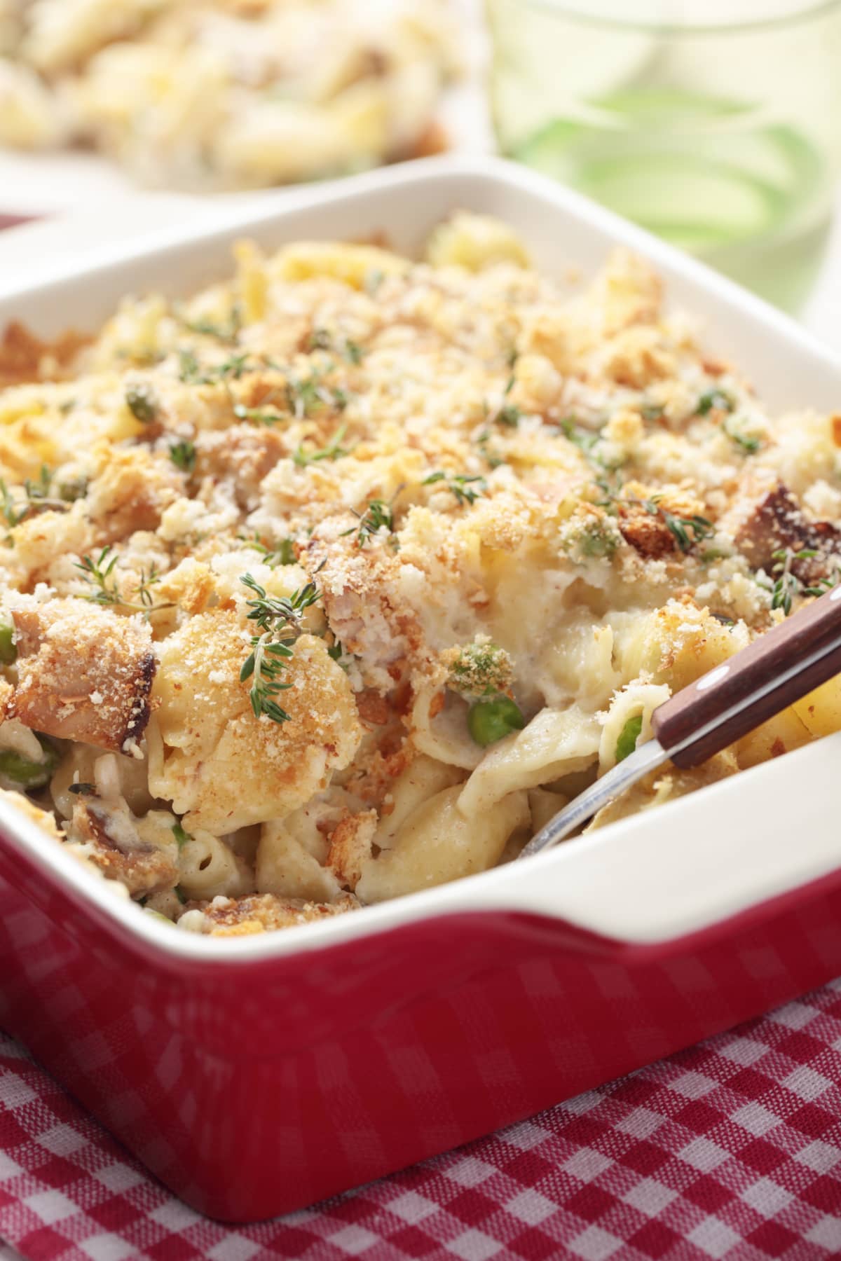 Tuna casserole with pasta and crumbs