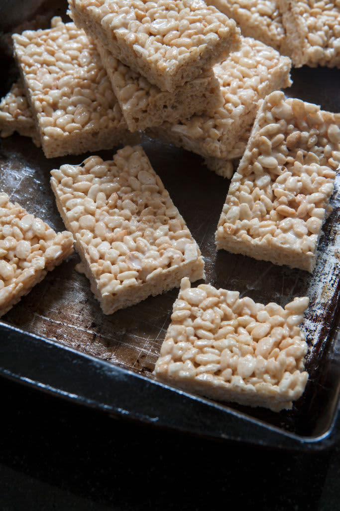 Rice Krispies bars on a baking tray