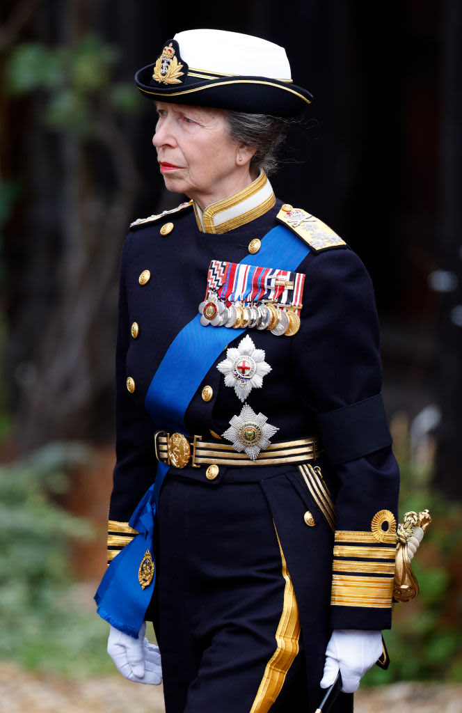 WINDSOR, UNITED KINGDOM - SEPTEMBER 19: (EMBARGOED FOR PUBLICATION IN UK NEWSPAPERS UNTIL 24 HOURS AFTER CREATE DATE AND TIME) Princess Anne, Princess Royal and Prince William, Prince of Wales attend the Committal Service for Queen Elizabeth II at St George's Chapel, Windsor Castle on September 19, 2022 in Windsor, England. The committal service at St George's Chapel, Windsor Castle, took place following the state funeral at Westminster Abbey. A private burial in The King George VI Memorial Chapel followed. Queen Elizabeth II died at Balmoral Castle in Scotland on September 8, 2022, and is succeeded by her eldest son, King Charles III. (Photo by Max Mumby/Indigo/Getty Images)