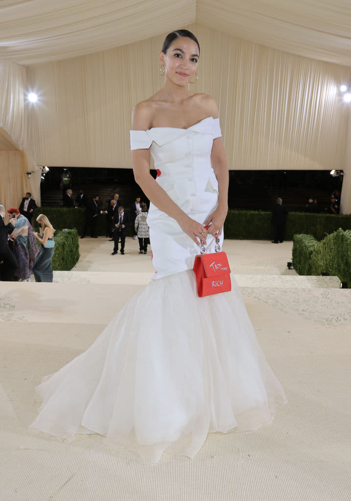 NEW YORK, NEW YORK - SEPTEMBER 13: (EXCLUSIVE COVERAGE) Alexandria Ocasio-Cortez departs The 2021 Met Gala Celebrating In America: A Lexicon Of Fashion at Metropolitan Museum of Art on September 13, 2021 in New York City.  (Photo by Jamie McCarthy/MG21/Getty Images for The Met Museum/Vogue )