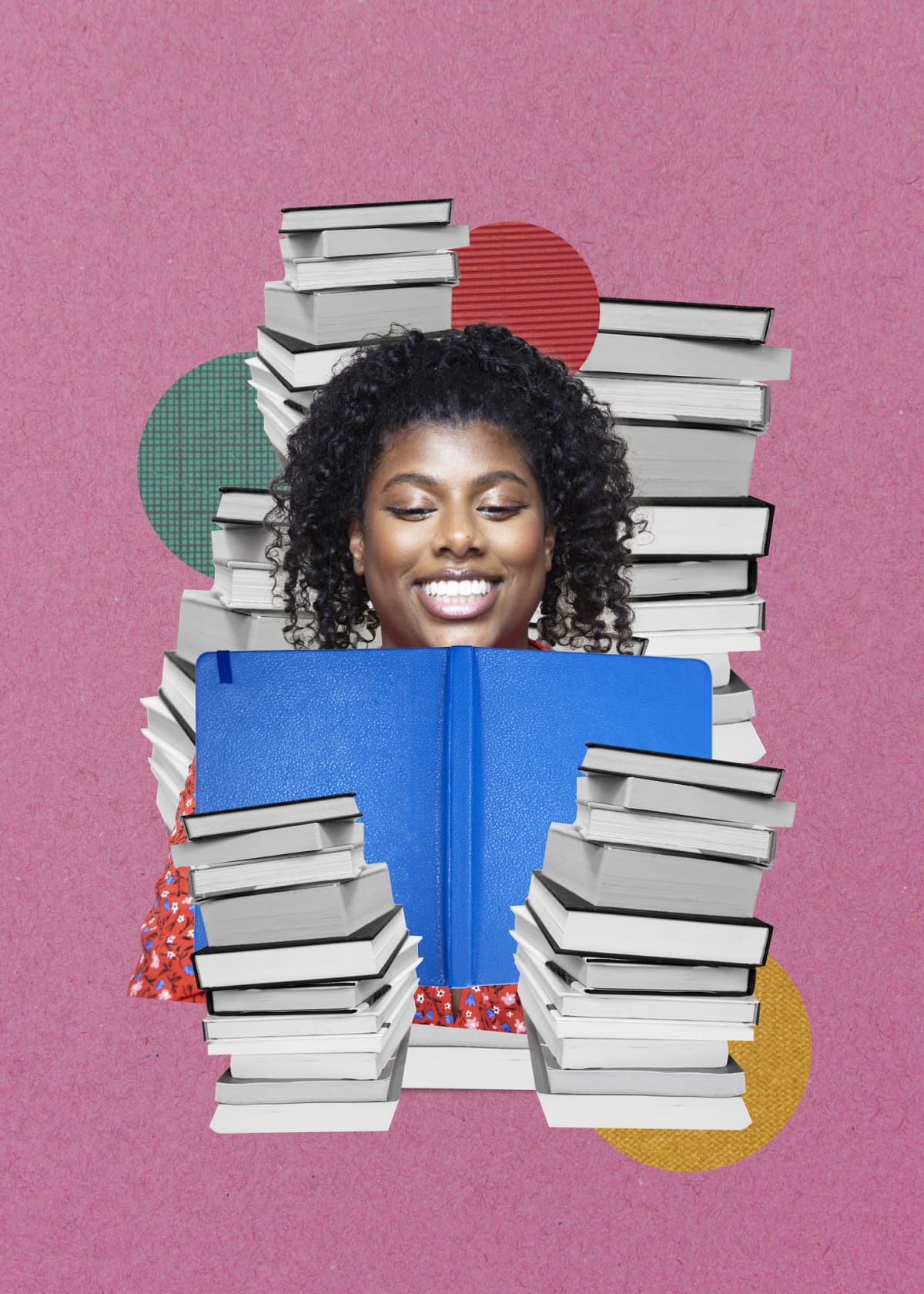 collage of black woman with mild cerebral palsy surrounded by books