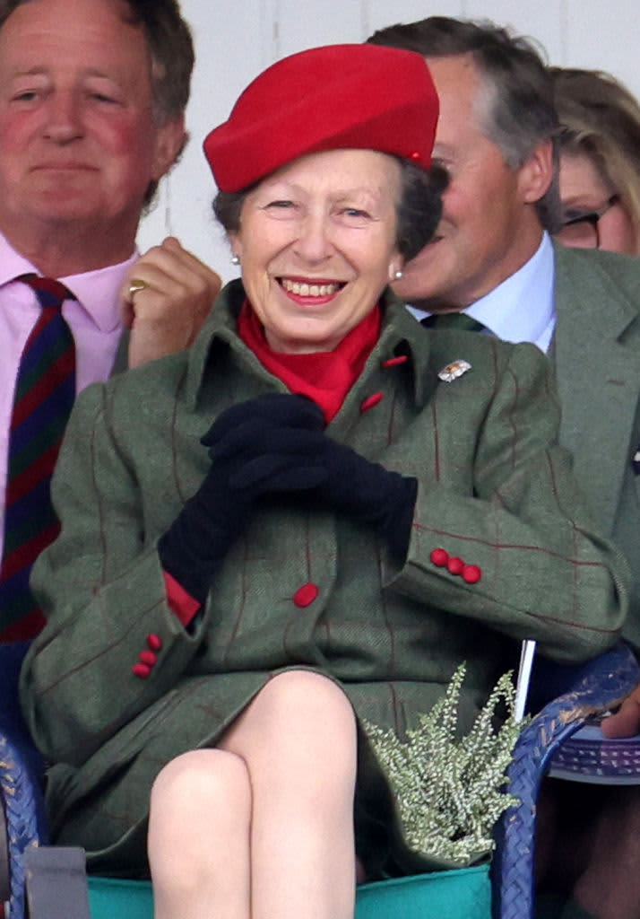 BRAEMAR, SCOTLAND - SEPTEMBER 03: Princess Anne, Princess Royal attends the Braemar Highland Gathering at the Princess Royal & Duke of Fife Memorial Park on September 03, 2022 in Braemar, Scotland. The Braemar Gathering is the most famous of the Highland Games and is known worldwide. Each year thousands of visitors descend on this small Scottish village on the first Saturday in September to watch one of the more colourful Scottish traditions. The Gathering has a long history and in its modern form it stretches back nearly 200 years. The Queen Elizabeth Platinum Jubilee Archway was designed by architect Keith Ross, erected to celebrate 70 years of Her Majesty as monarch and as Patron of The Braemar Royal Highland Society, organiser of the annual Braemar Gathering. (Photo by Chris Jackson/Getty Images)