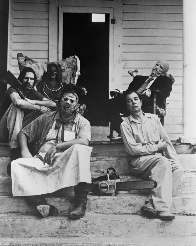 Actors Gunnar Hansen (front left) as Leatherface, Jim Siedow (front right) as Old Man, John Dugan (back right) as Grandfather and Edwin Neal (back left) as Hitchhiker in a publicity shot for the slasher film 'The Texas Chain Saw Massacre, 1974.  (Photo by Silver Screen Collection/Getty Images)