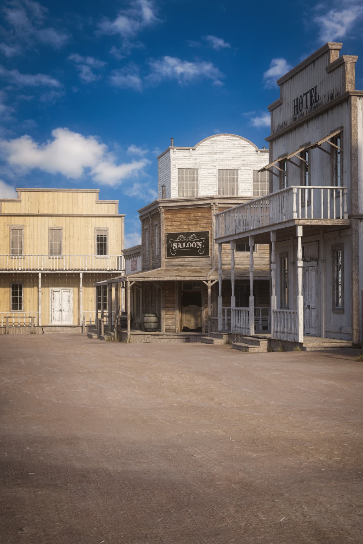 Portrait format photo realistic 3D illustration of a wild west town street with copy space.