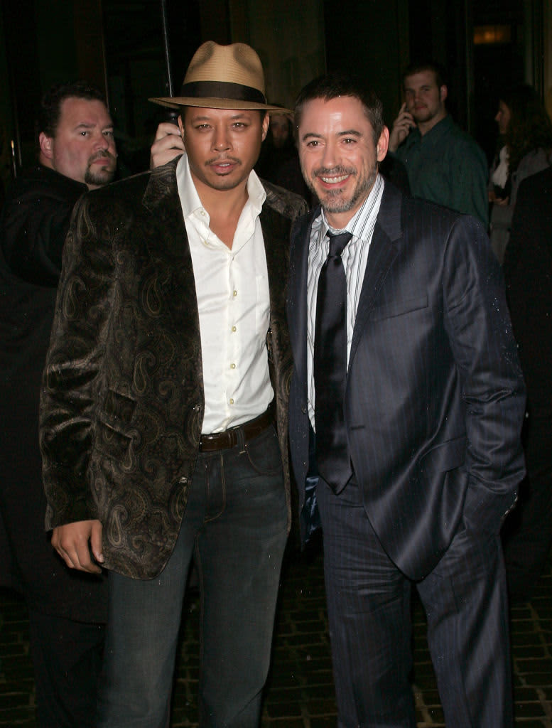 NEW YORK - APRIL 28:  Actors Terrence Howard and Robert Downey Jr. arrive at the "Iron Man" Screening Hosted by The Cinema Society and Michael Kors at the Tribeca Grand Screening Room on April 28, 2008 in New York City.  (Photo by Jim Spellman/WireImage) 