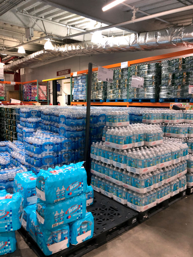 Pallets of bottled water stacked at Costco during Pandemic, Queens, NY. (Photo by: Lindsey Nicholson/Education Images/Universal Images Group via Getty Images)