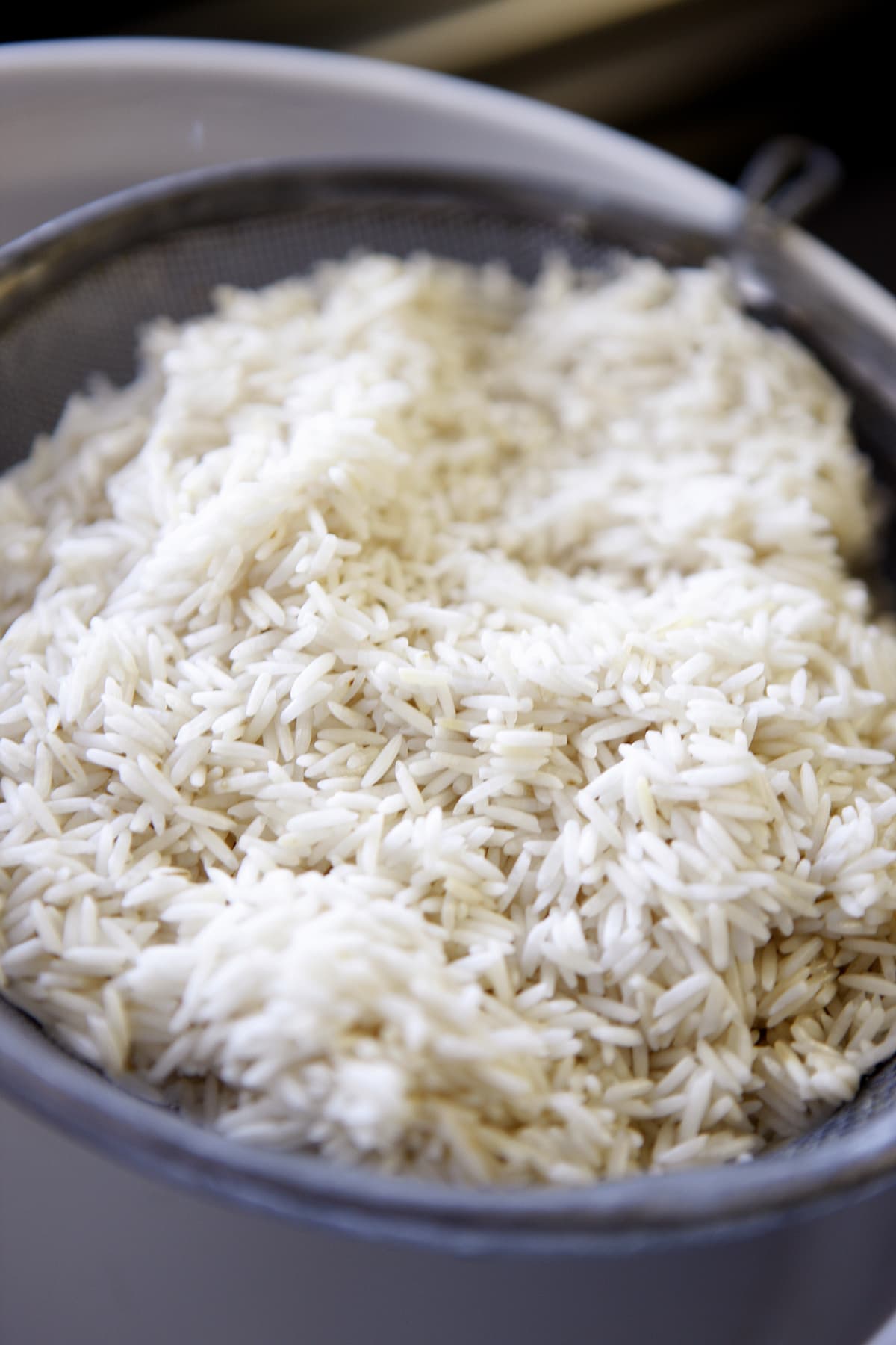 Cooked white rice in pan