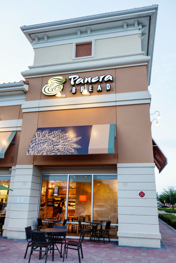 The exterior of a Panera Bread. 