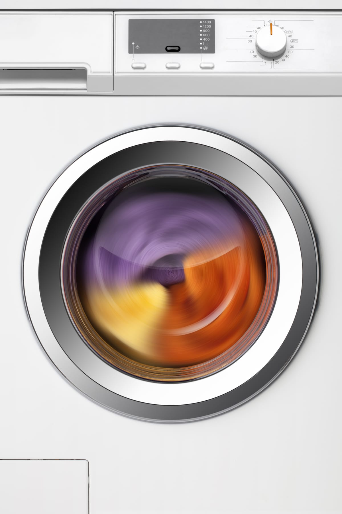 Washing machine with rotating colorful clothes inside.