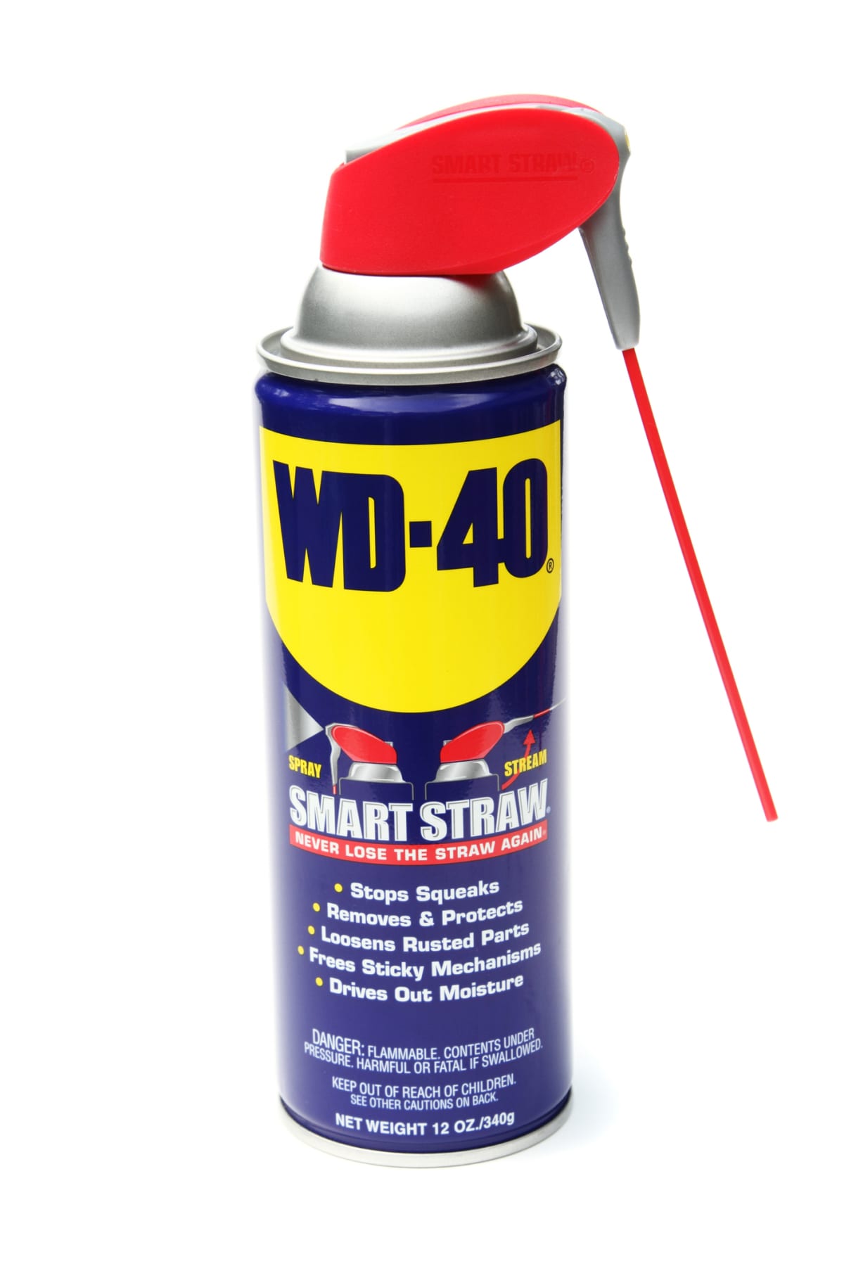 Studio product shot of a spray can of WD-40.