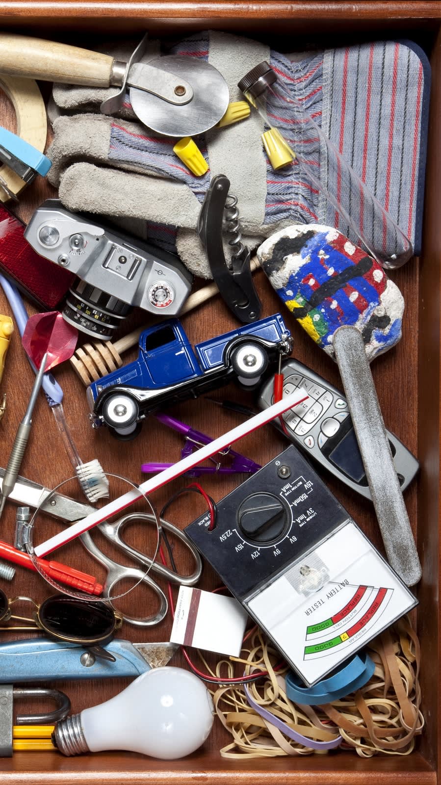 A cluttered junk drawer