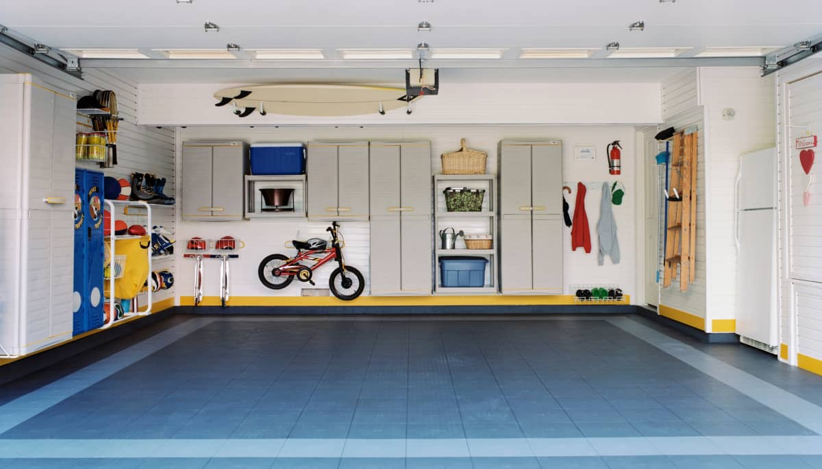 A meticulously clean and organized two car garage.