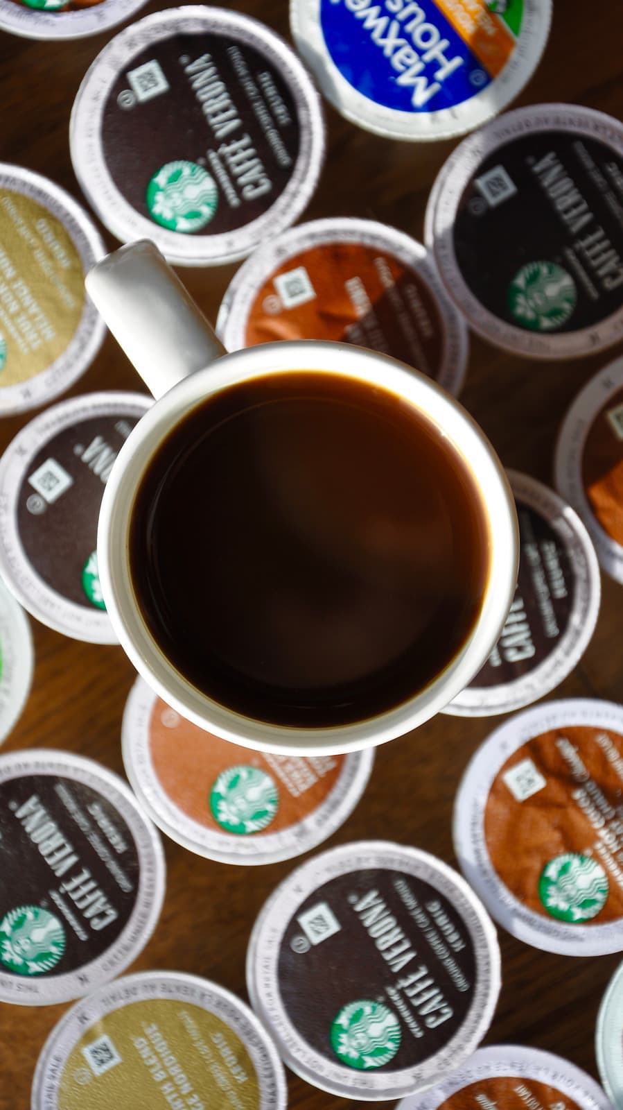 Cup of coffee on top of Keurig K-cup coffee pods