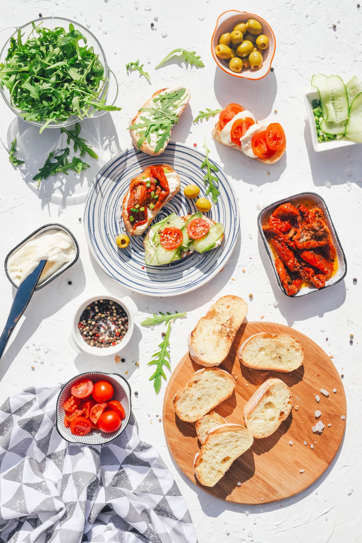 A variety of healthy toasts with vegetables, seeds and microgreens. Colorful, plant-based vegan snacks.
