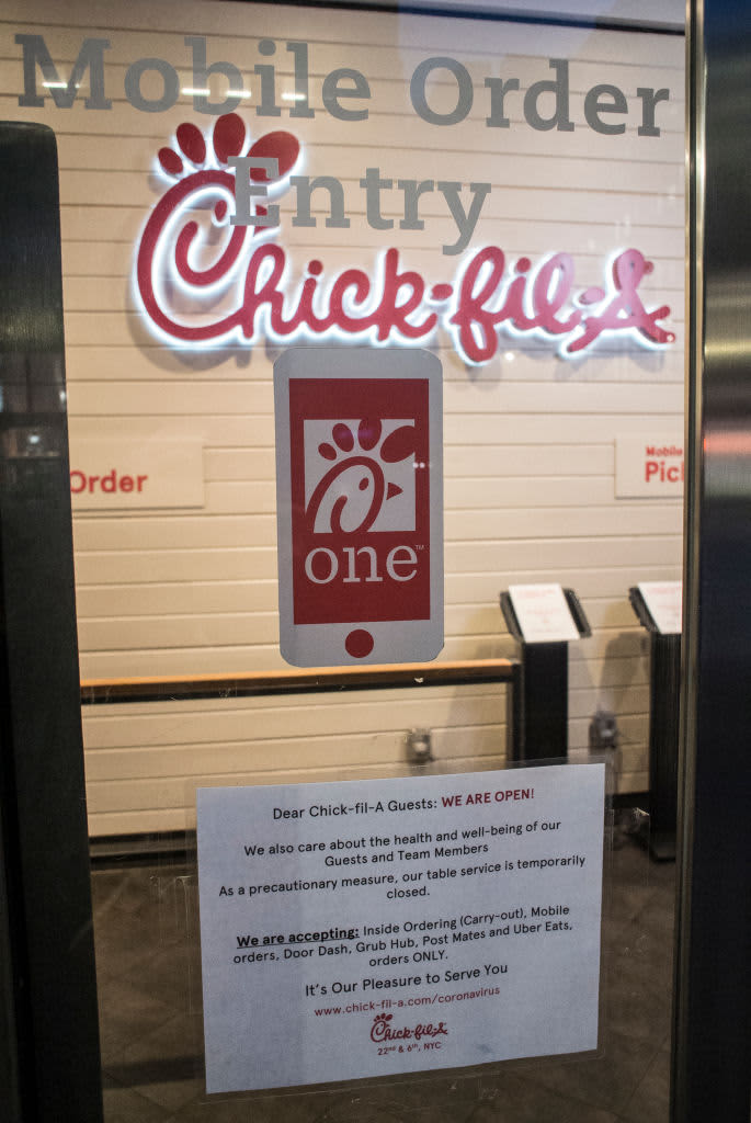 NEW YORK, NY - March 18  MANDATORY CREDIT Bill Tompkins/Getty Images Chick-fil-A store(s) closing(s) due to the coronavirus COVID-19 pandemic on March 18, 2020 in New York City. (Photo by Bill Tompkins/Getty Images)