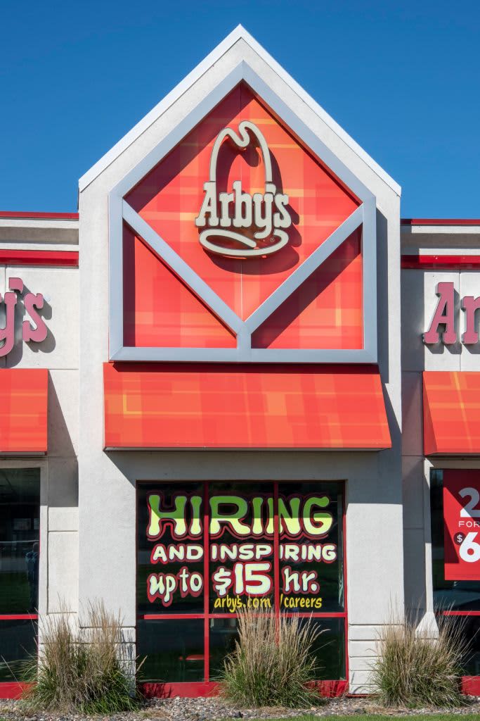 Plymouth, Minnesota, Arby's restaurant with a hiring sign in the window and paying up to 15 dollars an hour. (Photo by: Michael Siluk/UCG/Universal Images Group via Getty Images)
