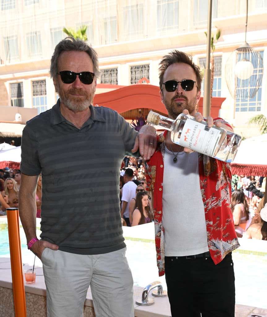 LAS VEGAS, NEVADA - APRIL 02: Actor Bryan Cranston and actor  Aaron Paul attend Tao Beach Dayclub opening a The Venetian® Resort Las Vegas on April 02, 2022 in Las Vegas, Nevada. (Photo by Denise Truscello/Getty Images for Tao Beach Dayclub)