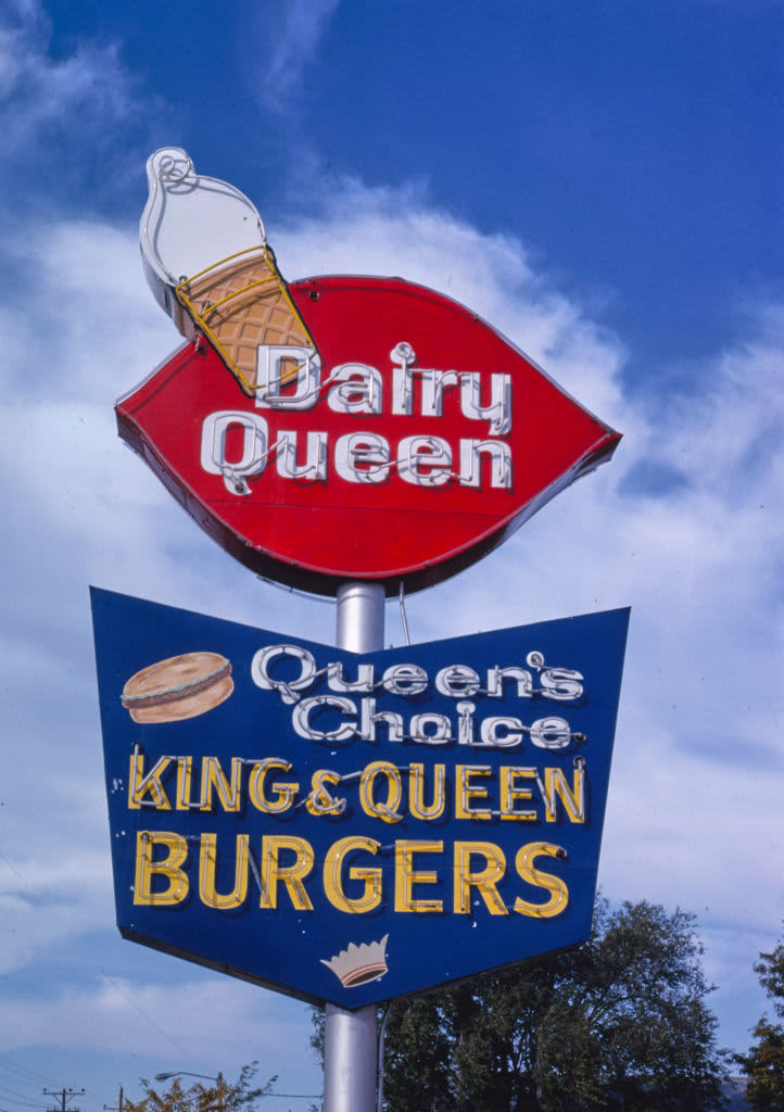 Dairy Queen ice cream sign, Rt 50, Dodge City, Kansas; ca. 1979. (Photo by: HUM Images/Universal Images Group via Getty Images)