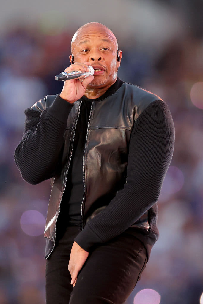 LOS ANGELES, CALIFORNIA - FEBRUARY 10:  Dr. Dre speaks during the Pepsi Super Bowl LVI Halftime Show Press Conference at Los Angeles Convention Center on February 10, 2022 in Los Angeles, California. (Photo by Kevin Mazur/Getty Images for Roc Nation)
