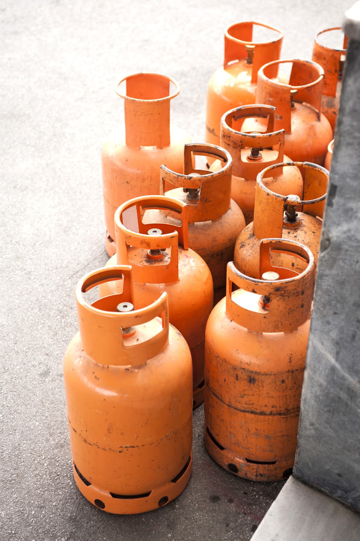 Domestic propane gas bottles ready to be refilled and recycled