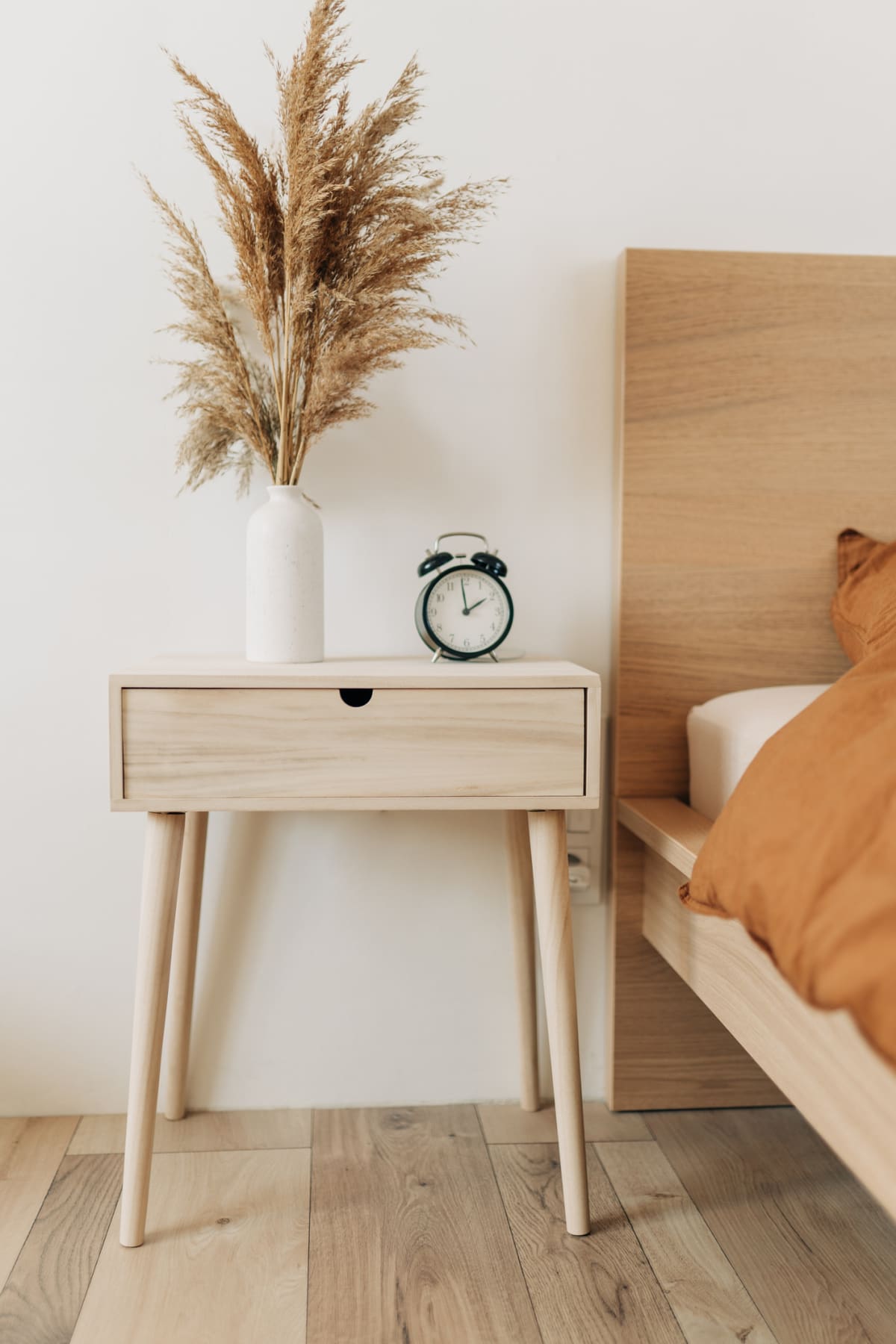 Bedside table with ficus plant and clock