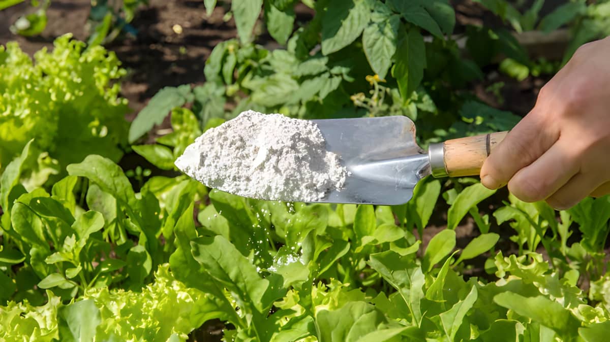 Man using trowel to sprinkle diatomaceous earth in garden