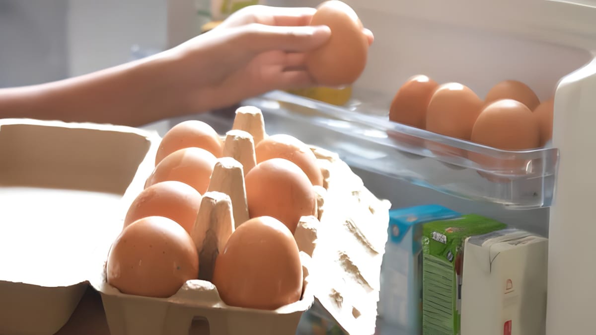Eggs in a carton with hand holding one of the eggs