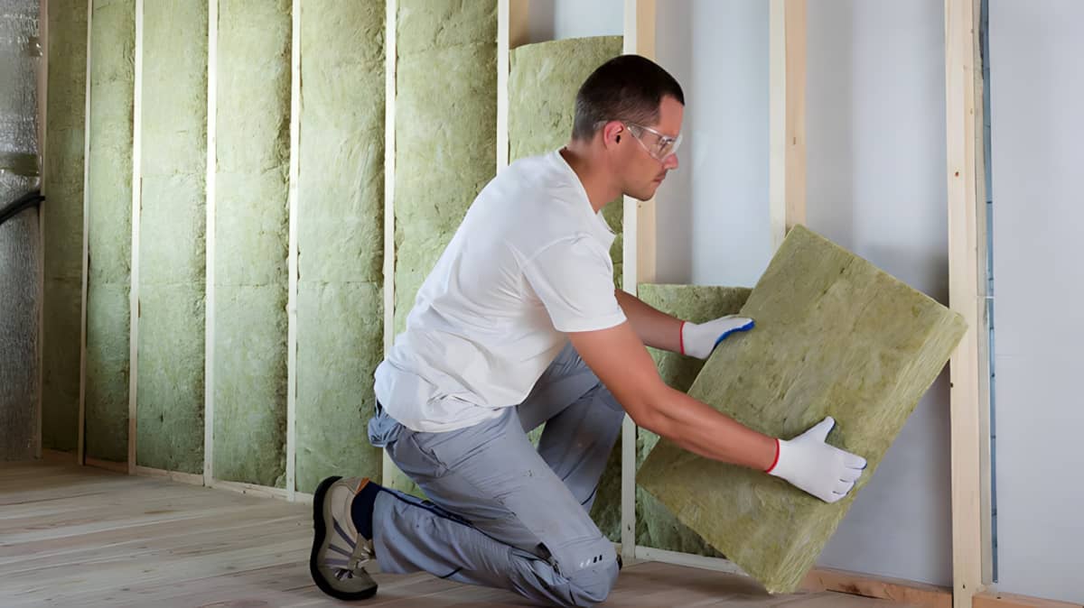 Person installing insulation on walls