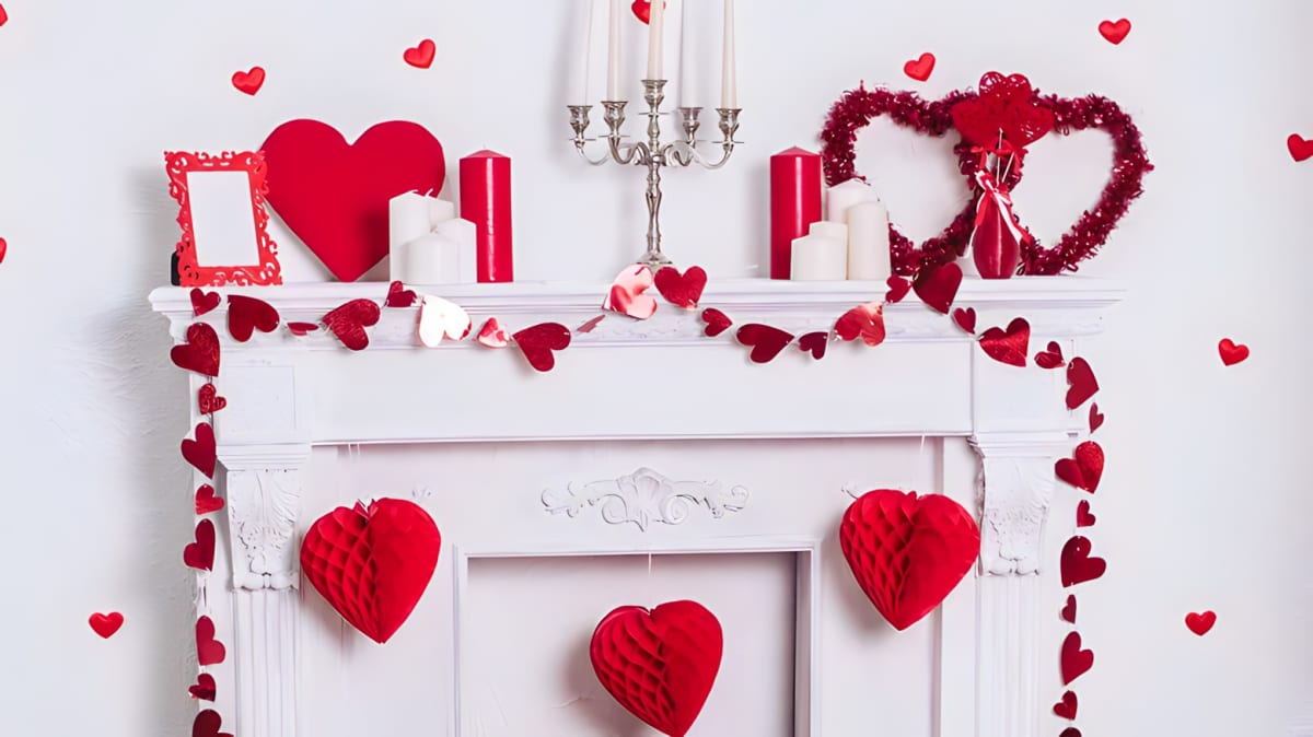 Valentine's Day fireplace mantel decor