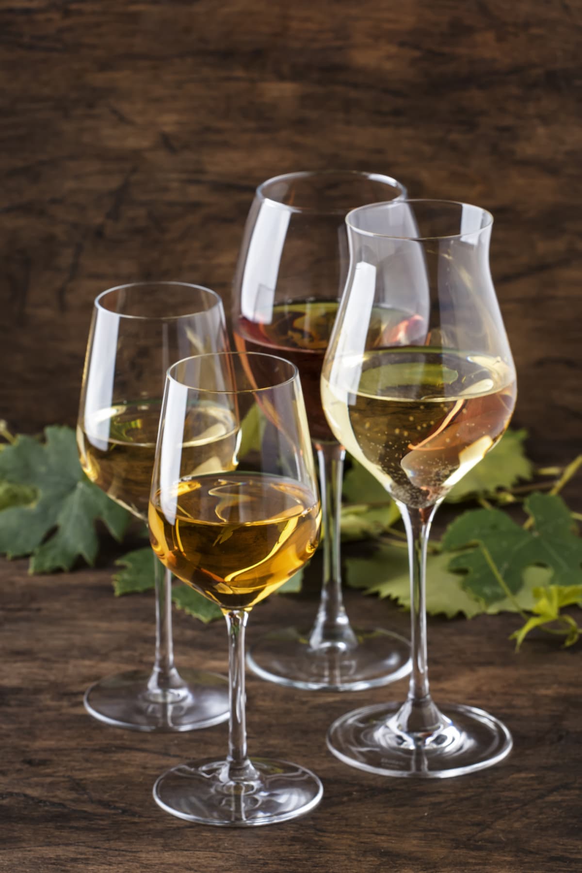 Four glasses of white wine on a wooden table