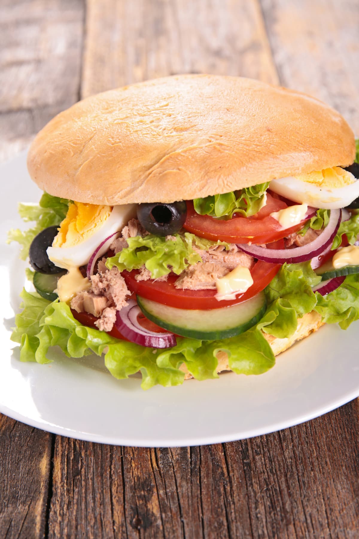 pan bagnat- sandwich with vegetable,  egg,  tuna and sauce