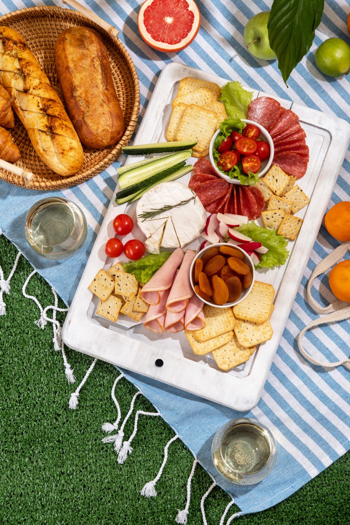 Picnic blanket with charcuterie boards, healthy food and wine