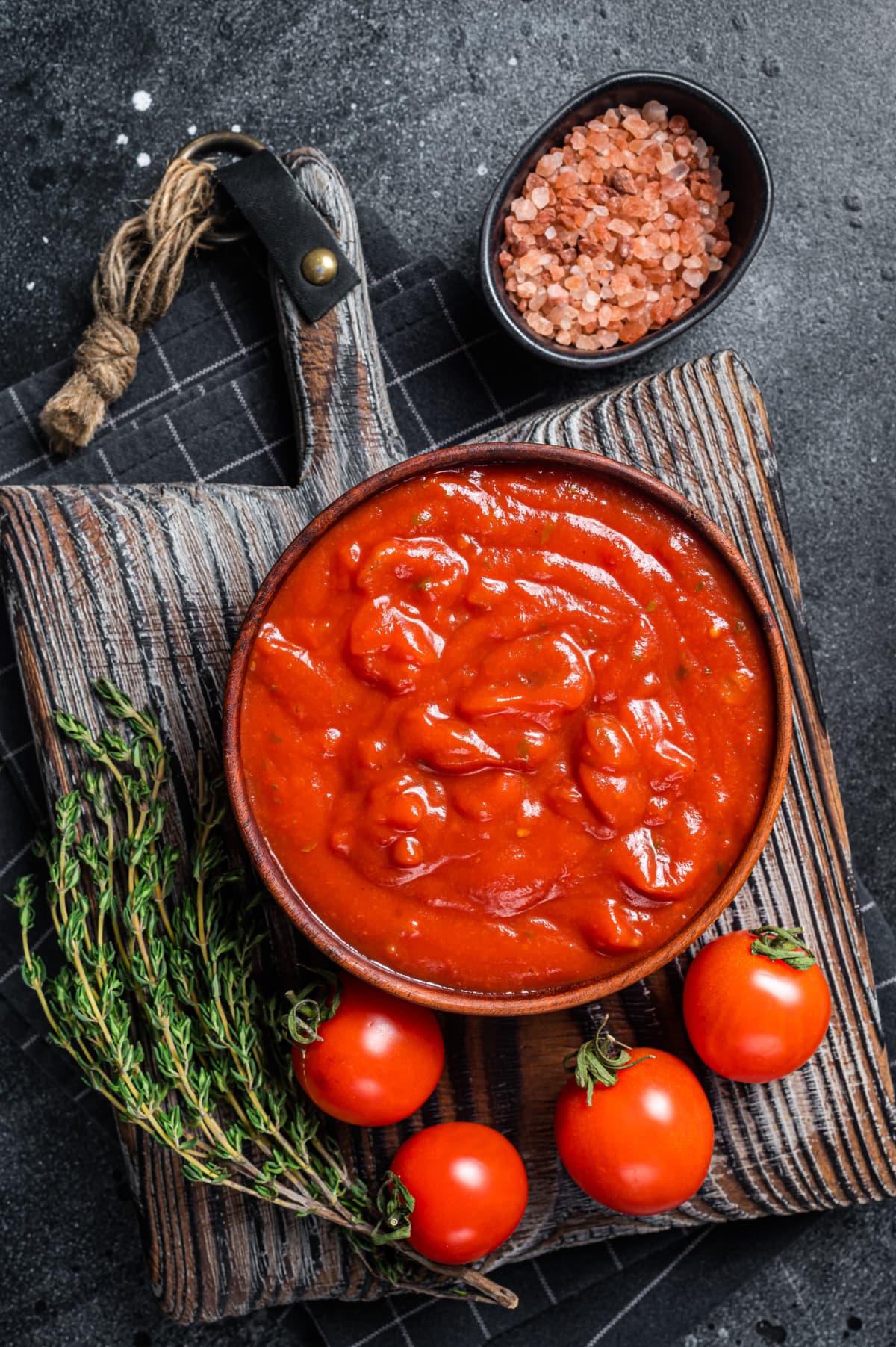 Tomato sauce passata - traditional sauce for italian cuisine. Black background. Top view.