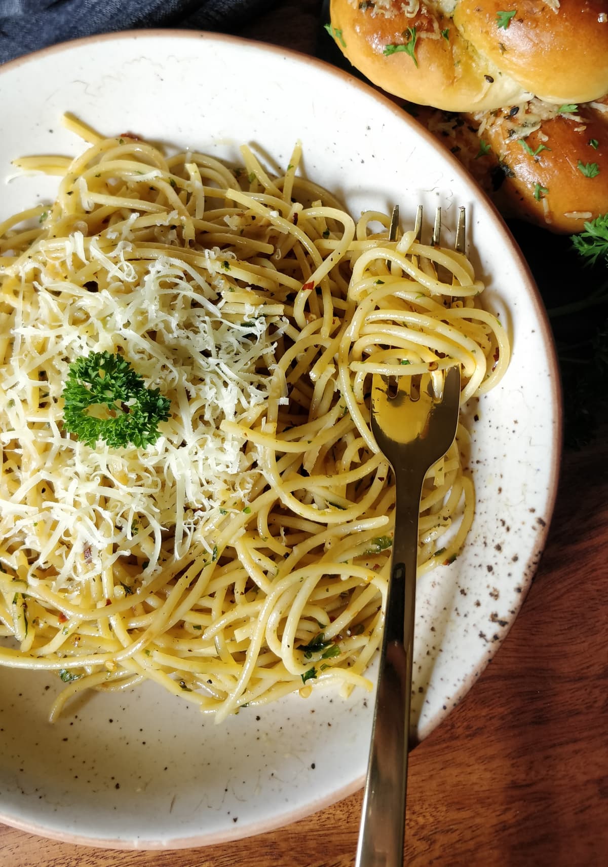 Homemade Italian Spaghetti Algio e Olio with Garlic and Parmesan