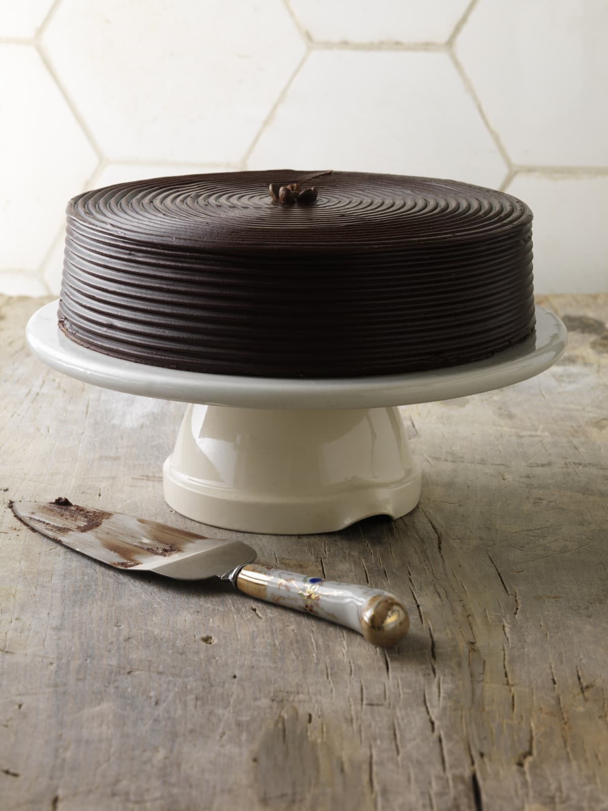 Chocolate cake on cake stand