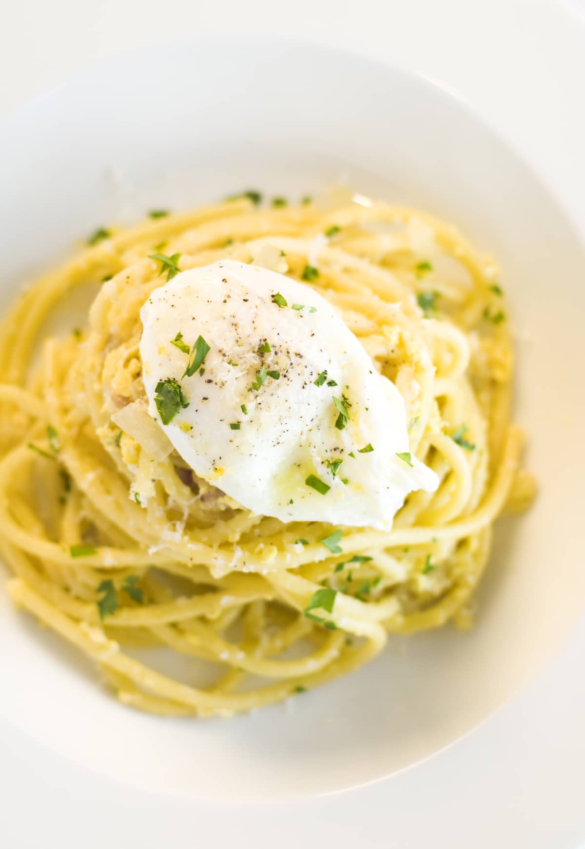 Spaghetti Carbonara with a Poached egg