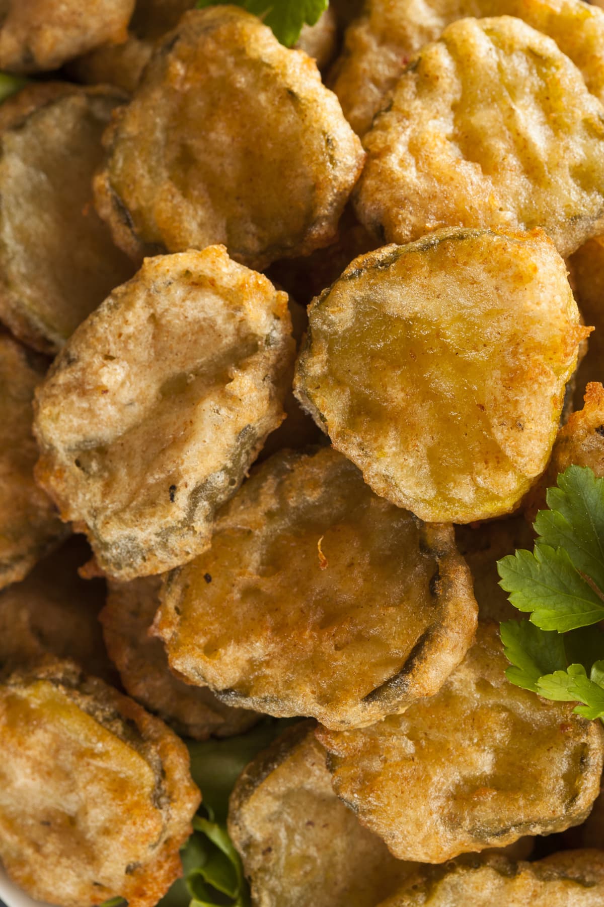 Close up of fried pickle chips