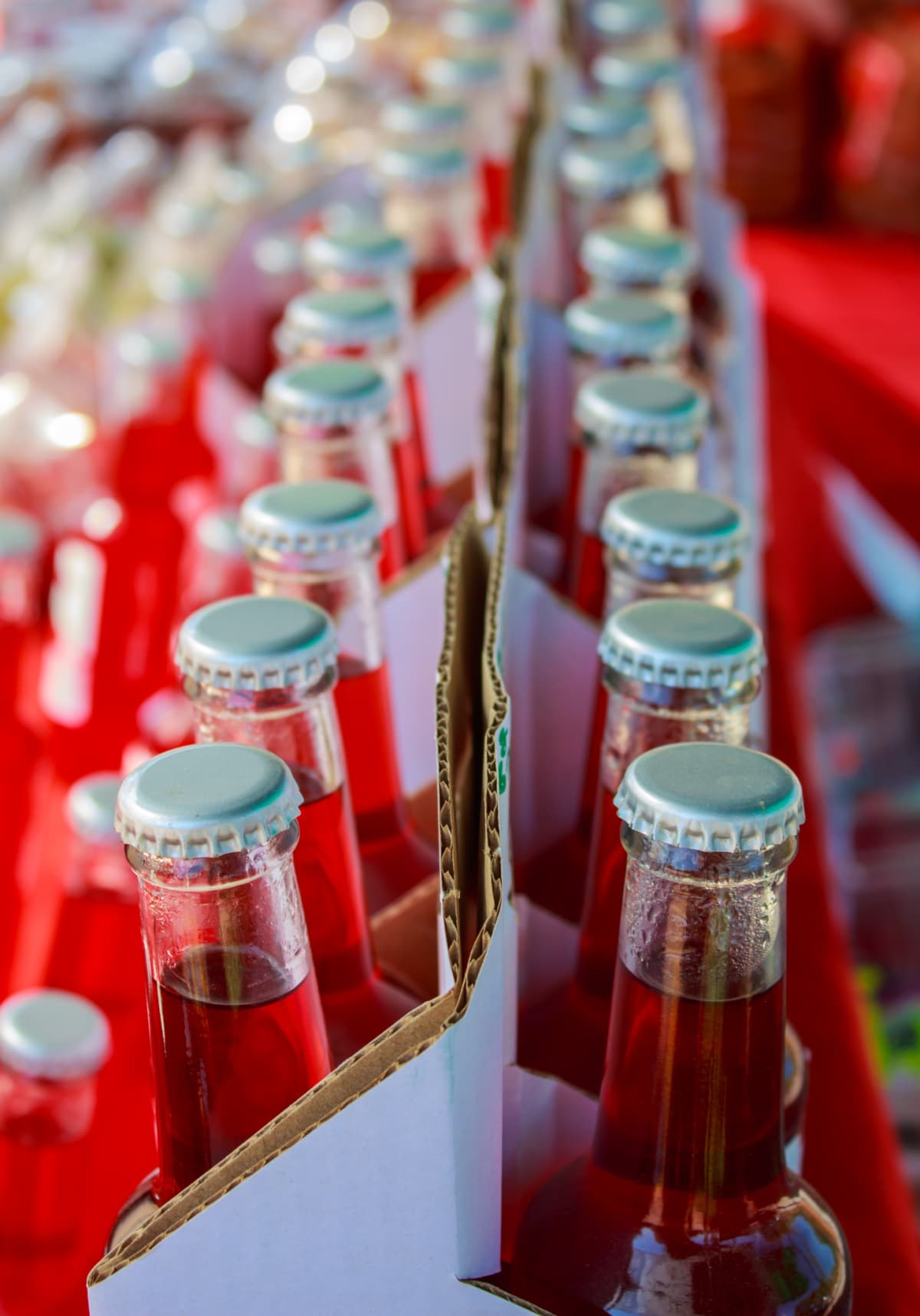 Closeup of assorted soda bottles