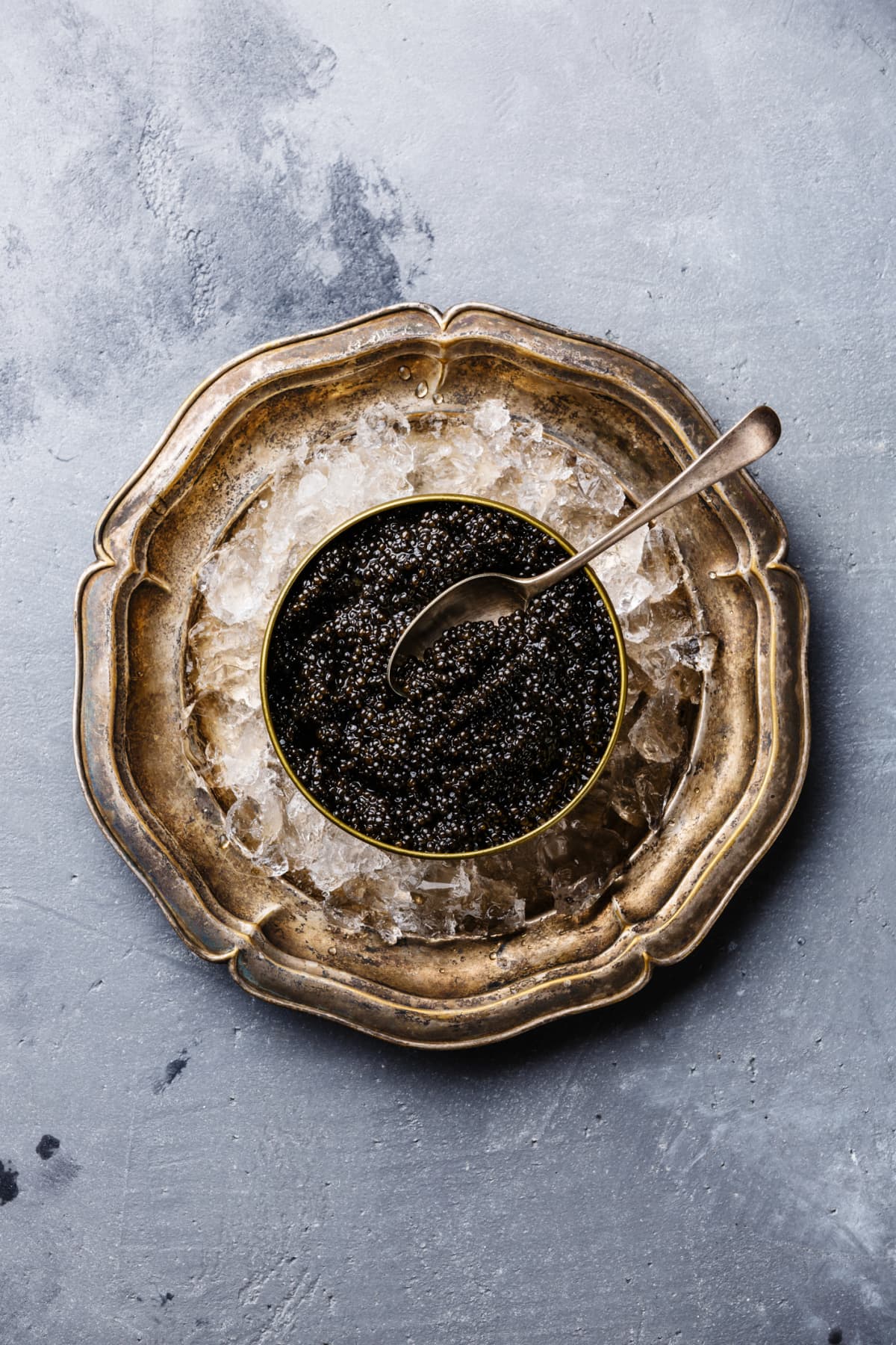 Black Sturgeon caviar in can on ice in metal plate on concrete background copy space