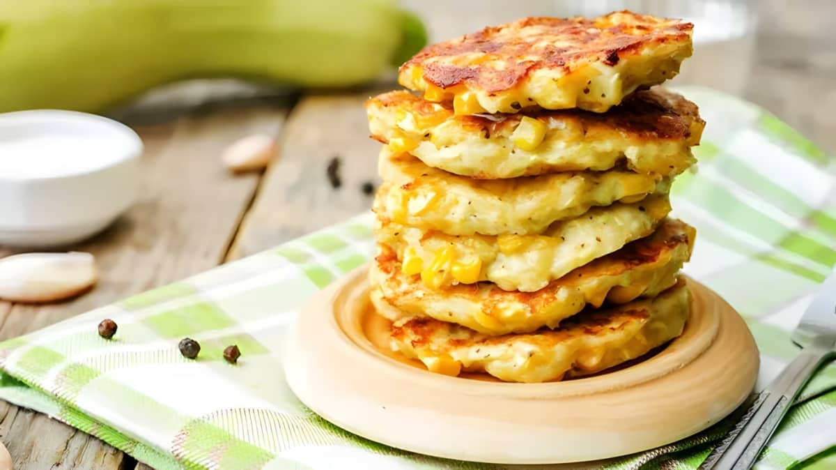Stack of corn fritters on plate