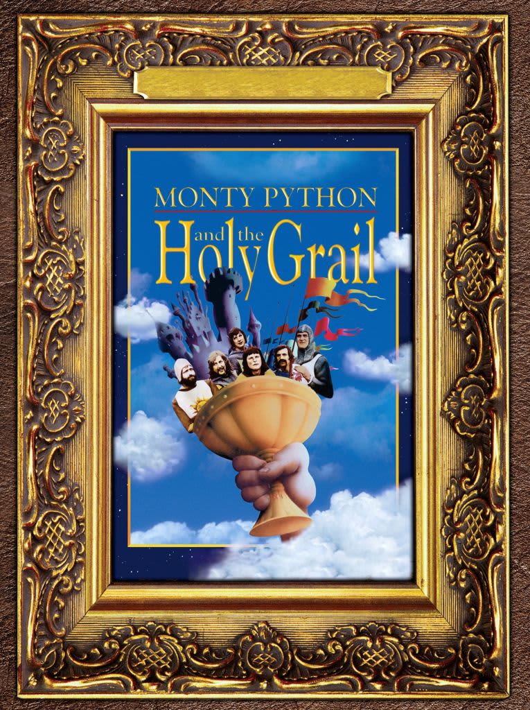 Monty Python And The Holy Grail, poster, from left: Graham Chapman, Eric Idle, Michael Palin (rear), Terry Gilliam, Terry Jones, John Cleese, 1975. (Photo by LMPC via Getty Images)