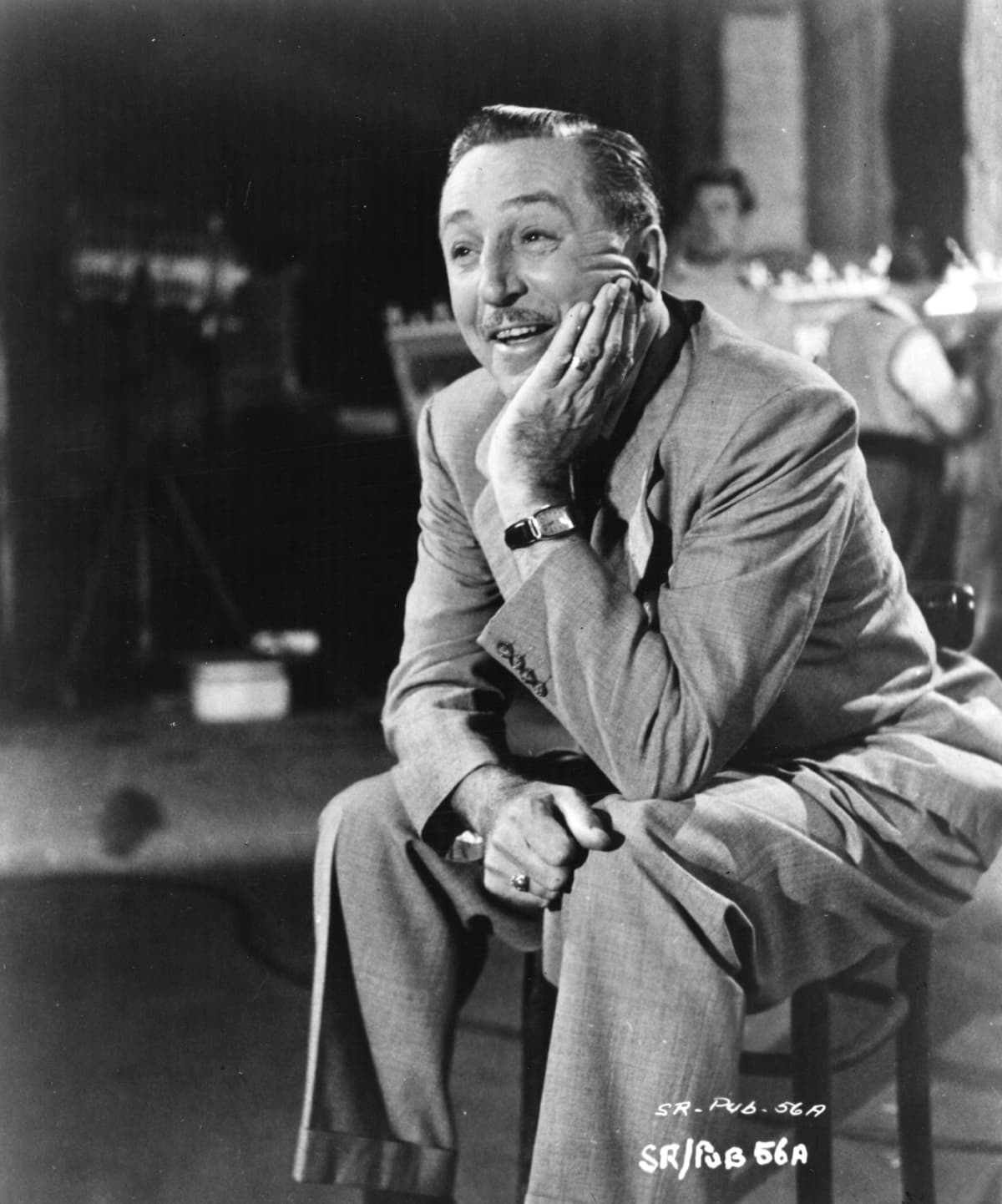 circa 1952:  American animator and director Walt Disney (1901-1966), whose name is synonymous all over the world with children's cartoon films, particularly those featuring Mickey Mouse, his first cartoon character. He is pictured during a visit to England for the filming of 'The Sword And The Rose'.  (Photo by Hulton Archive/Getty Images)