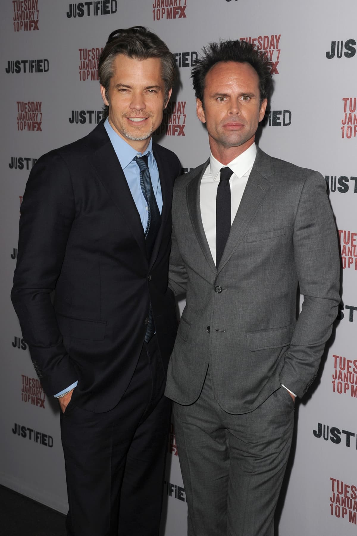 LOS ANGELES, CA - JANUARY 06:  Actors Timothy Olyphant (L) and Walton Goggins attend the season 5 premiere screening of FX's "Justified" at the DGA Theater on January 6, 2014 in Los Angeles, California.  (Photo by Kevin Winter/Getty Images)